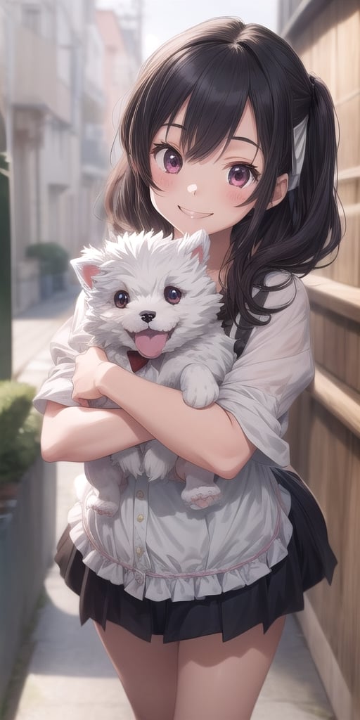 girl holding her small white furry dog ​​while smiling
 ,cute,anime,breakdomain