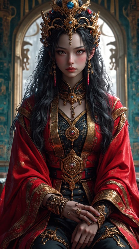 A striking depiction of Khun Aguero Agnes' sister from Tower of God, (wearing an elegant and intricate outfit that highlights her royal status, with long flowing hair that adds to her grace), (her expression mysterious yet confident, hinting at her complex backstory), (the backdrop featuring elements of the Tower, with subtle magical motifs), (vibrant colors and intricate details showcasing her unique design and essence), (masterpiece, 8K High Resolution), (Ultra High Resolution 3840 x 2160), (Ultimate Subjective), (12K Ultra High Resolution Wallpaper 8K).