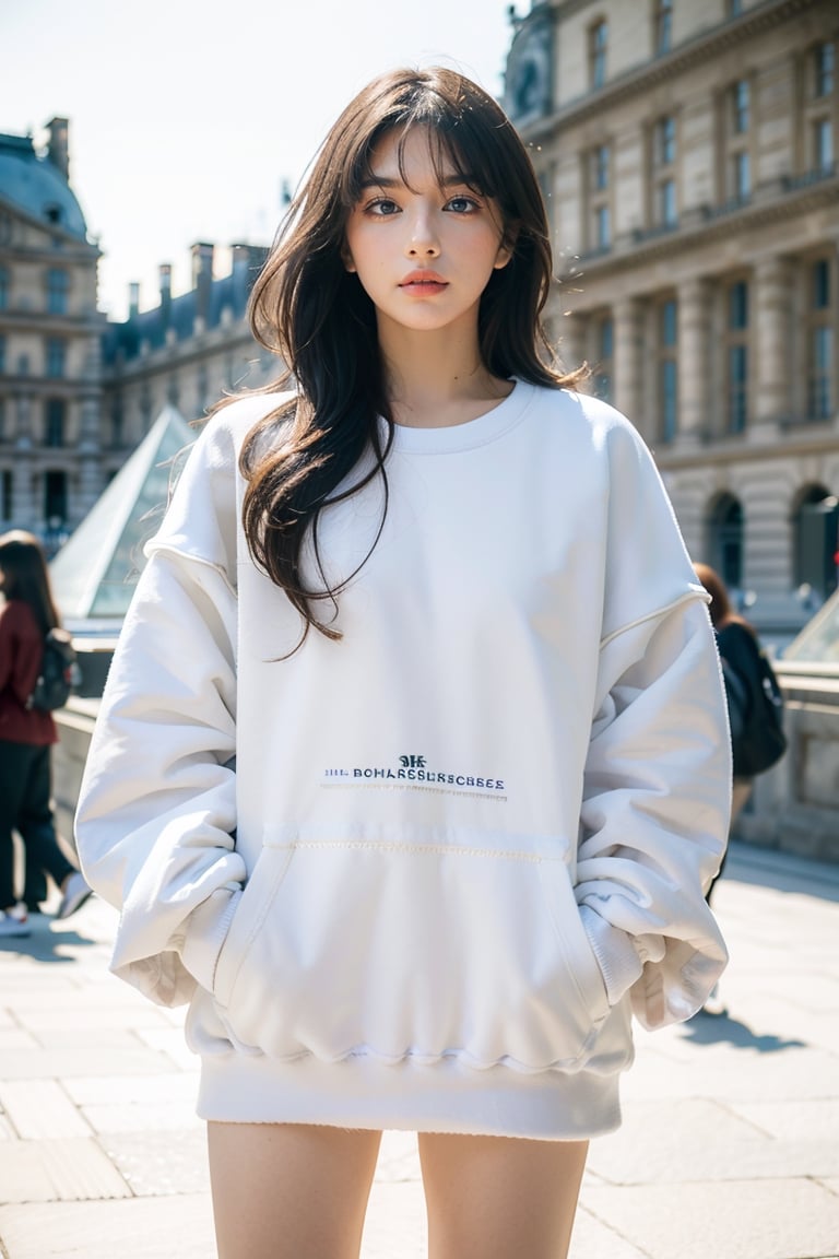 brown long hair, wavy hair, (oversized white plain sweatshirt:1.4), hem, distance from camera 5m, in front of Louvre pyramid, detailed background, cinematic shadow, dramatic lighting by Bill Sienkiewicz, ( SimplepositiveXLv1:0.7), aesthetic portrait,dream_girl