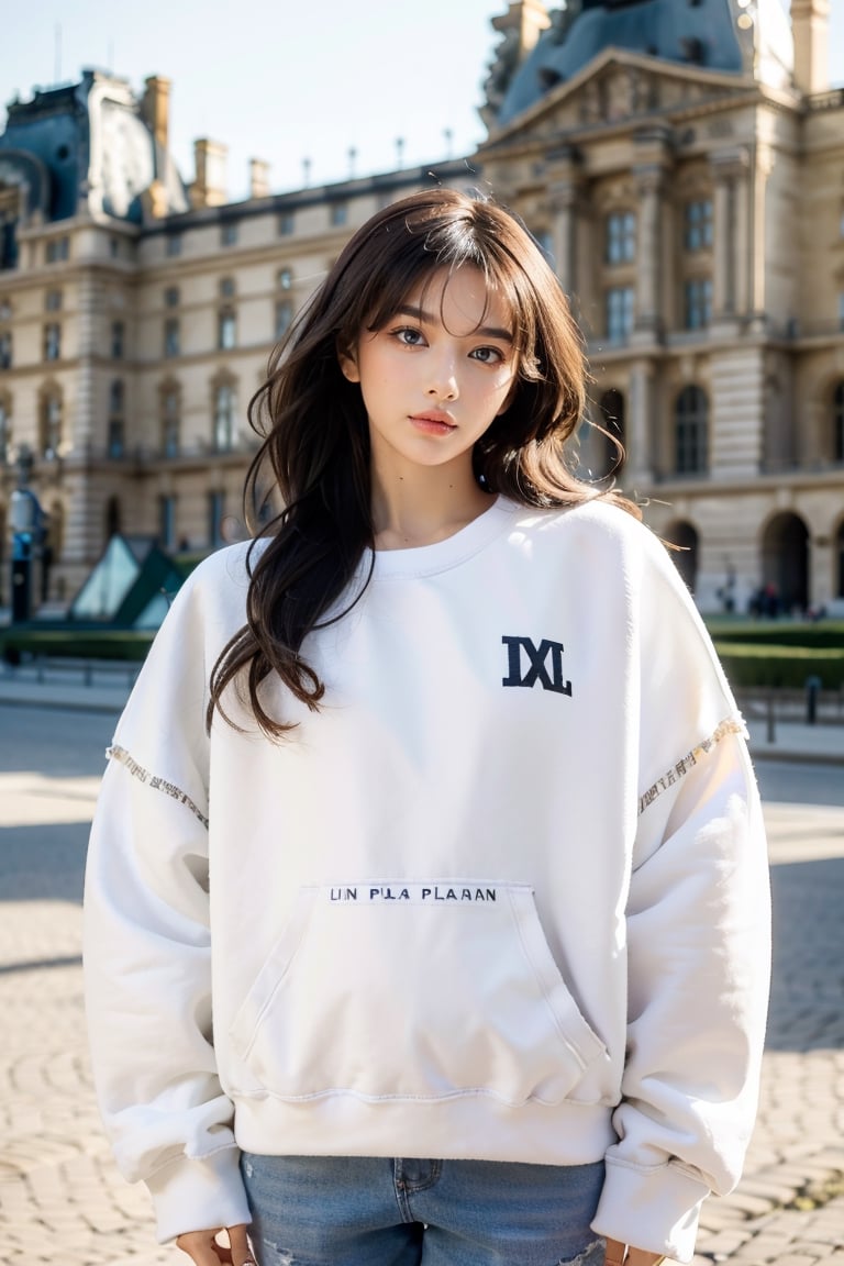 brown long hair, wavy hair, (oversized white plain sweatshirt:1.4), hem, distance from camera 5m, in front of Louvre pyramid, detailed background, cinematic shadow, dramatic lighting by Bill Sienkiewicz, ( SimplepositiveXLv1:0.7), aesthetic portrait,dream_girl