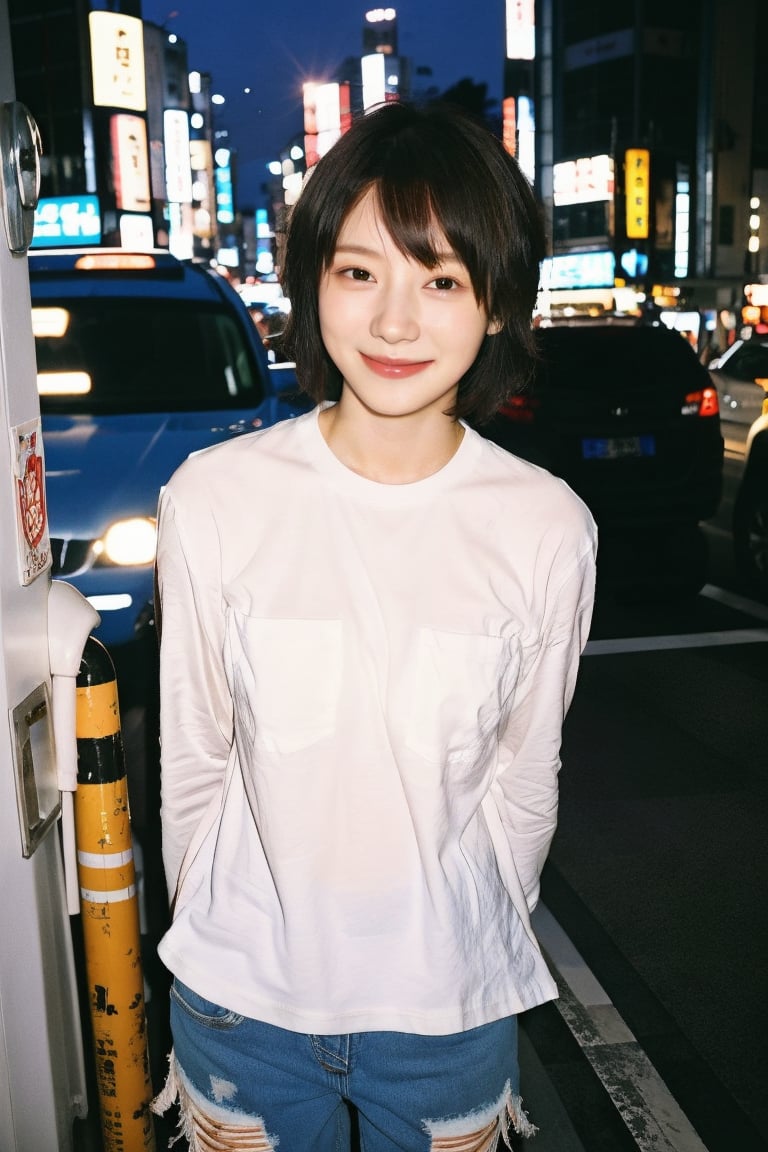 (intimate photo), girl, 18yo, japanese j-pop idol, beautiful eyes, pretty, little smile ,japanese,(extra short hair:1.2), without makeup, instagram model,  50mm, flash photography,  real life, cute face,
white plane color t-shirt , hot denim, barefoot,
in Shibuya, at night, crowd,