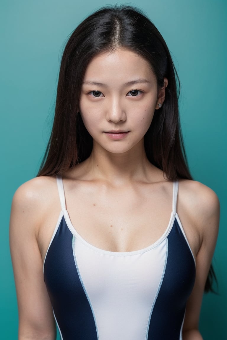 girl, 18yo,japanese,Asian,4K,straight hair,without makeup,150cm,
 (blue background:1.2), portrait,studio lighting,
(black school ONEPIECE swimsuit:1.3), Racing-style swimsuit,
(monolid eyes:1.5), piercing eyes, glare,
fat body type,