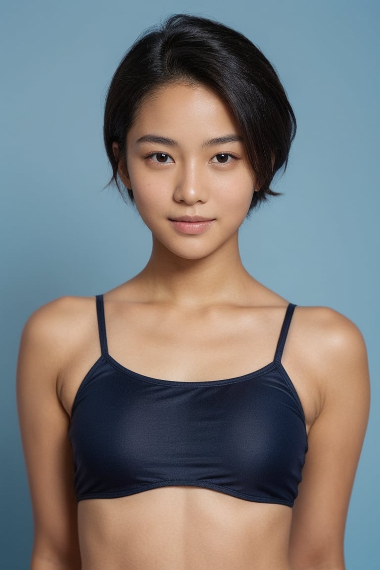 girl, 18yo,japanese,mushroom short hair,straight hair,without makeup,150cm,
 (blue background:1.2), portrait,studio lighting,
SFW,black school swimsuit,