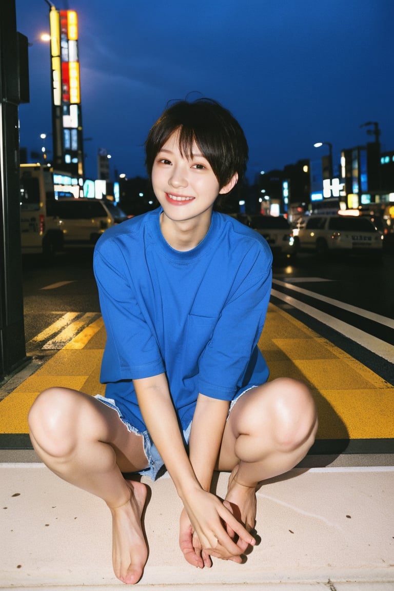 (intimate photo), girl, 18yo, japanese j-pop idol, beautiful eyes, pretty, little smile ,japanese,(extra short hair:1.2), without makeup, instagram model,  50mm, flash photography,  real life, cute face,
white plane color t-shirt , hot denim, barefoot,
in Shibuya, at night, crowd,