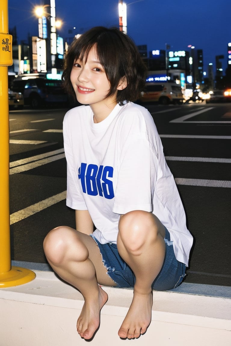 (intimate photo), girl, 18yo, japanese j-pop idol, beautiful eyes, pretty, little smile ,japanese,(extra short hair:1.2), without makeup, instagram model,  50mm, flash photography,  real life, cute face,
white plane color t-shirt , hot denim, barefoot,
in Shibuya, at night, crowd,