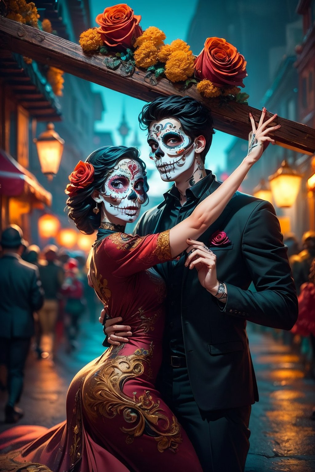 (masterpiece, best quality:1.3), dynamic cinematic view, digital art illustration, (((20 year old man))), (((20 year old woman))), romantic couple, (((dancing))), celebrating los dias de muertos, in Mexico, red roses, face paint, red dress, golden suit, night light, street, masterpiece, scenic beauty, dynamic cinematic view, chiaroscuro lighting, perfect hands, perfect fingers, cinematic shot,CatrinaMakeUp, Catrin