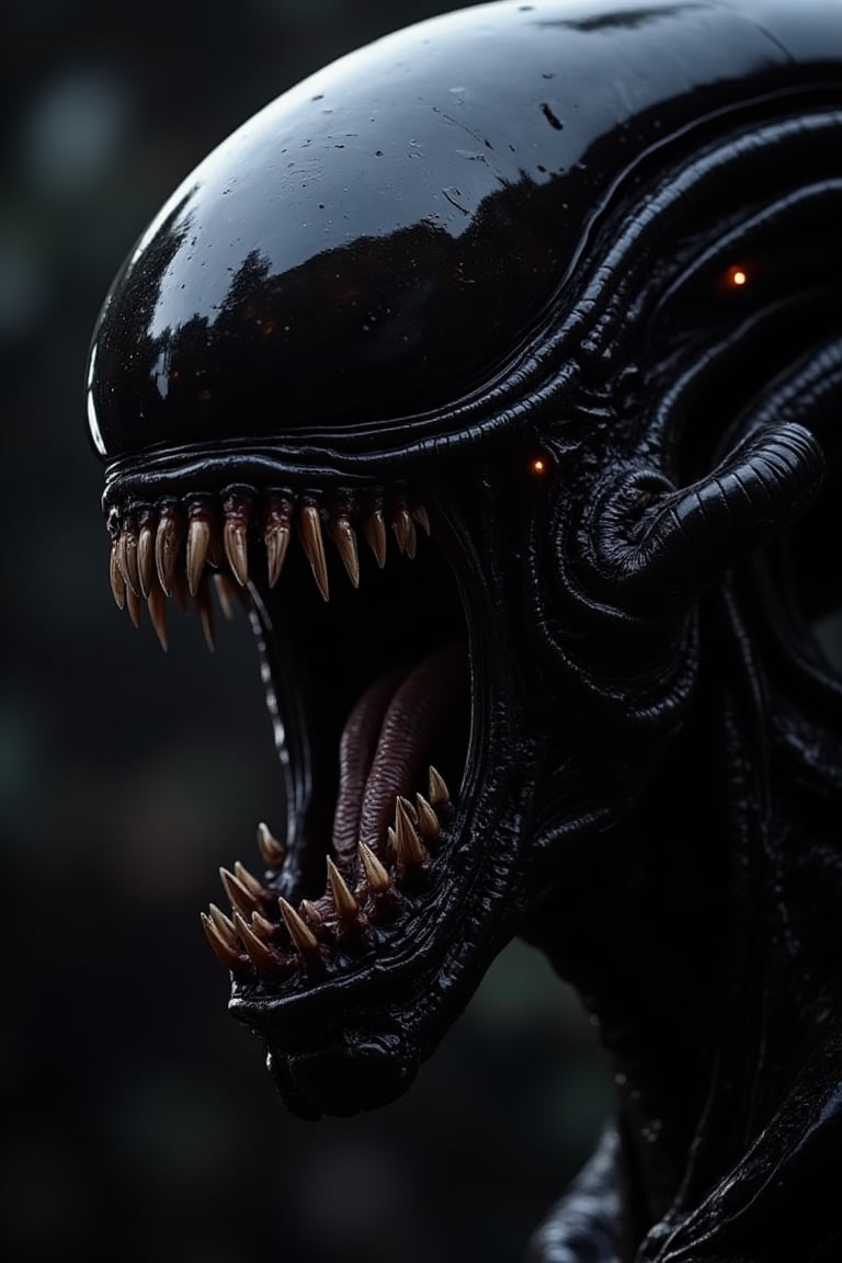 A close-up of an alien xenomorph with an elongated jaw and mouth, showcasing perfect and detailed eyes that are very focused. Alien xenomorph fine and pointed teeth are meticulously rendered, capturing every nuance. The lighting is dramatic, highlighting the fiery essence of the creature. The composition is tight, emphasizing the intense gaze and menacing presence. High detail, 8k resolution, with sharp focus on the dragon's eyes, elongated jaw, and teeth.