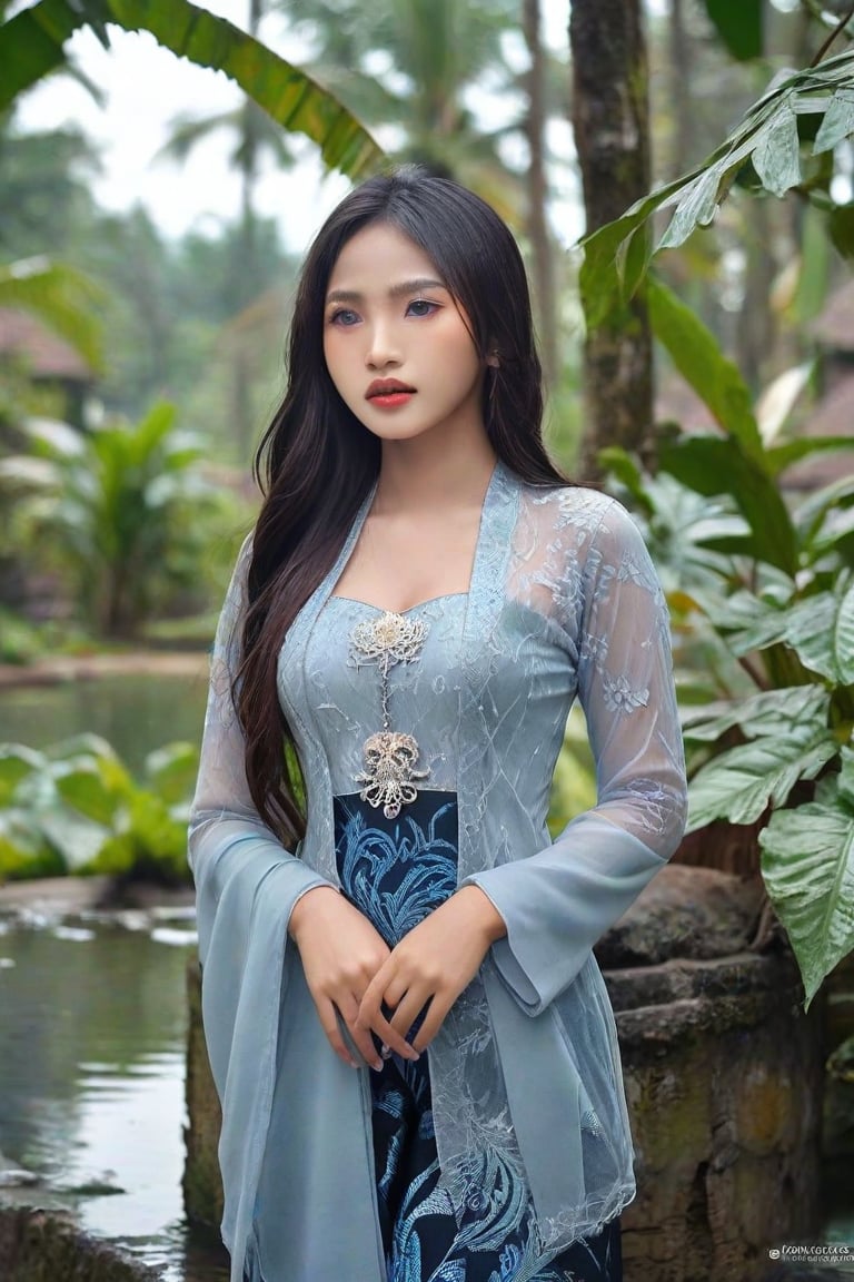 (Photorealistic, hyper_realistic, high_resolution, HD, best_quality, perfect_lighting, more sharpness, more contrast, highly_detailed, Award-winning cinematographer). In a serene traditional village on Central Java, Indonesia, a stunning 18-year-old asian girl with long hair and mesmerizing brown eyes gazes directly at the camera. Her wet lips subtly curve as she wears an exquisite blue Javanese Kebaya. The soft glow of misty mountains and lush plants dissolves into the distance, creating a dreamlike atmosphere. Vibrant colors blend harmoniously, casting a surreal spell. (more_contrast, more_realistic, more_detailed), upper-body, portrait