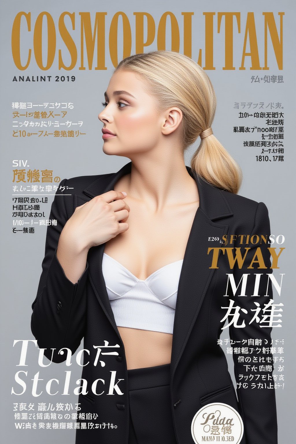 A high-fashion japanese magazine cover featuring a close-up, upper-body shot of a beautiful blonde female model with an enhanced bust size, chubby body, confidently posing with elegance. Her sharp yet graceful facial features are highlighted, and she wears a stylish, modern outfit that accentuates her figure while maintaining a sophisticated and polished look. The background is a neutral gray with professional, magazine-quality lighting that enhances her photorealistic skin texture.

Across the cover, bold and stylish magazine text is displayed, including the title in elegant font: **"COSMOPOLITAN"** at the top. Other headlines include:
- **"ファッションフォワード：エレガンスの未来"**
- **"自信とスタイルの秘訣"**
- **"モデル・オブ・ザ・イヤー：魅力とパワーを受け入れる"**

The overall composition combines high-end fashion photography with captivating japanese headlines that frame the model’s pose, drawing attention to her beauty and presence. The cover reflects sophistication, confidence, and modern fashion