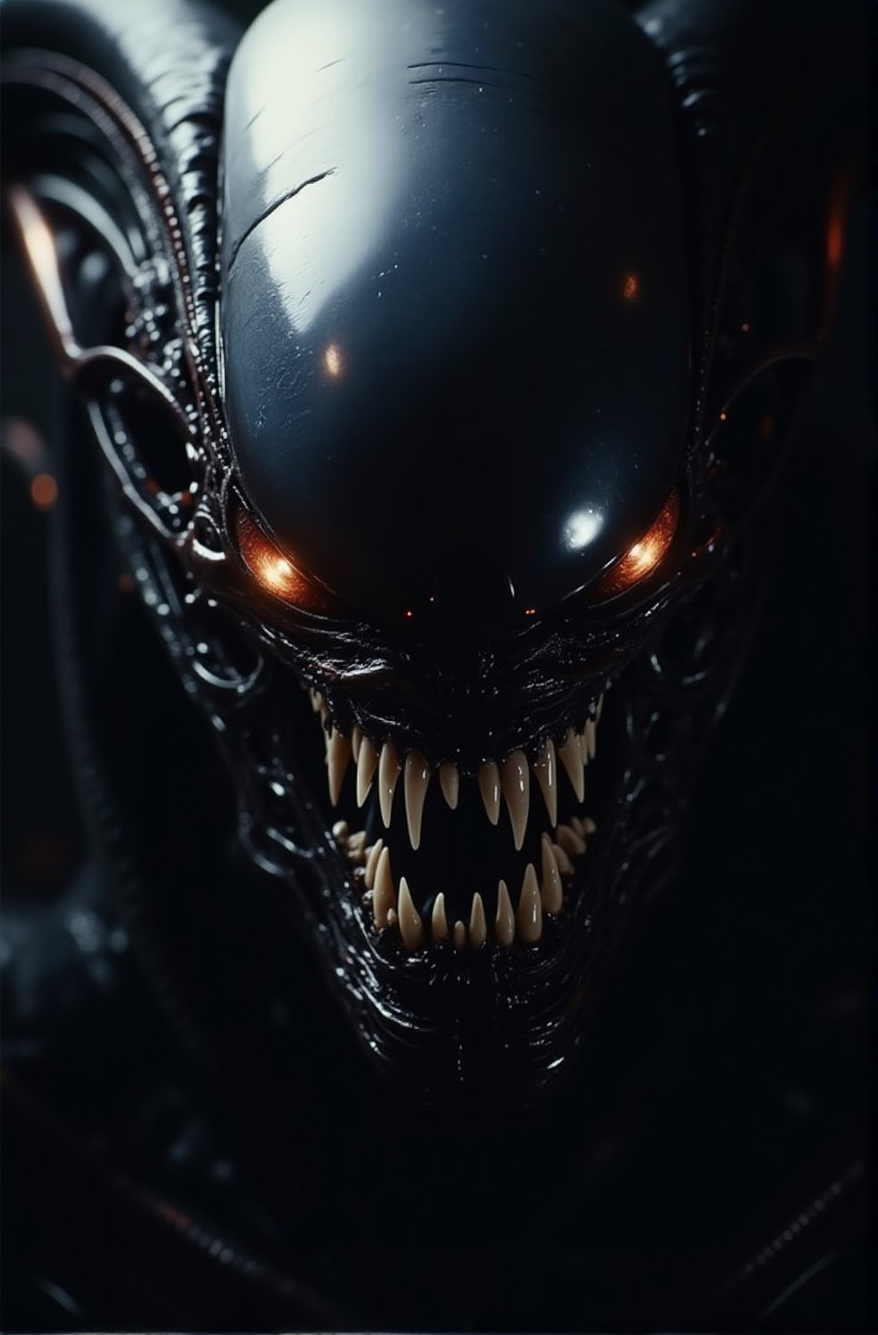 Full body image of an alien xenomorph, showcasing perfect and detailed eyes that are very focused. Alien xenomorph fine and pointed teeth are meticulously rendered, capturing every nuance. The lighting is dramatic, highlighting the fiery essence of the creature. The composition is tight, emphasizing the intense gaze and menacing presence. High detail, 8k resolution, with sharp focus on the dragon's eyes, and teeth.