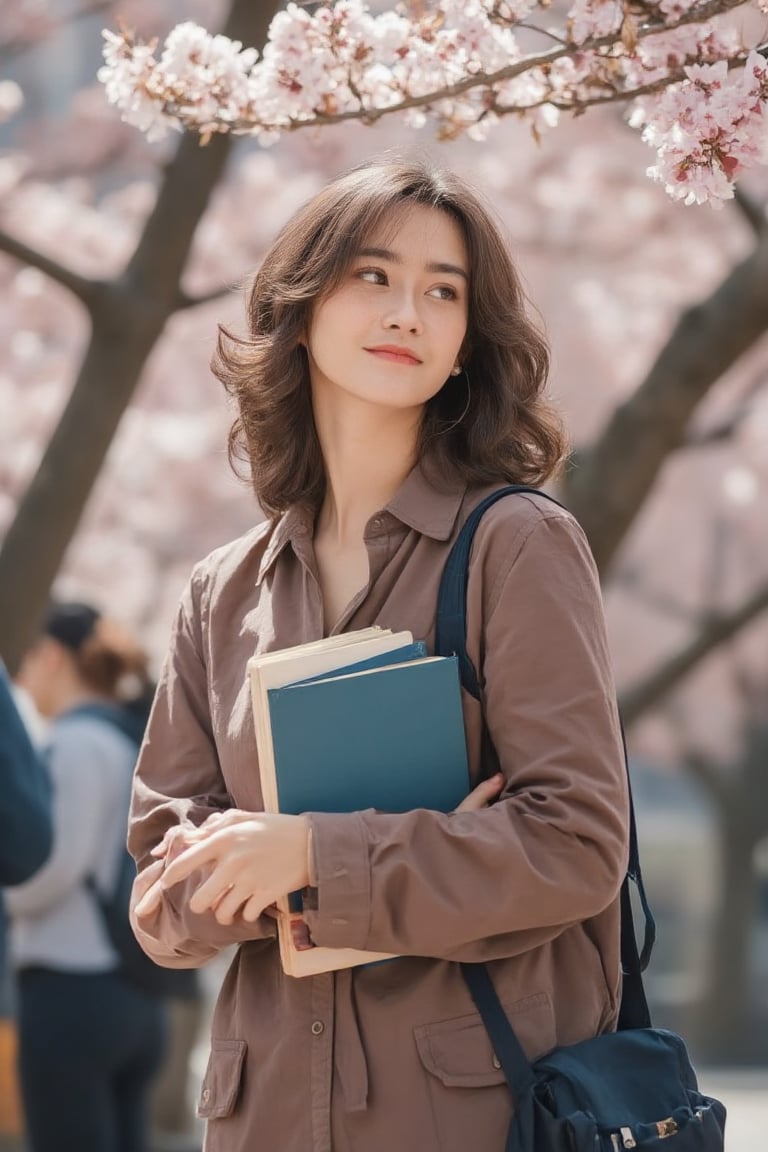 ultra beautiful college girl very light freckles, carrying her books, stealy clear almosts silver white eyes, curls swurls, hopes and dreams, on an open college campus like a park on a windy spring day with cherry blossoms, 8k Resolution