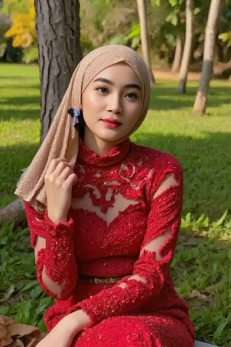 A serene and captivating portrait of a beautiful korean woman. Wearing hijab, The subject sits elegantly amidst a lush forest, adorned in a red traditional kebaya dress, her straight golden locks framing her radiant face. Her smile, though closed-mouthed, still conveys warmth as subtle dimples appear on her cheeks. The warm sunlight filters through the trees, casting gentle rays that illuminate her features and the intricate details of her dress.