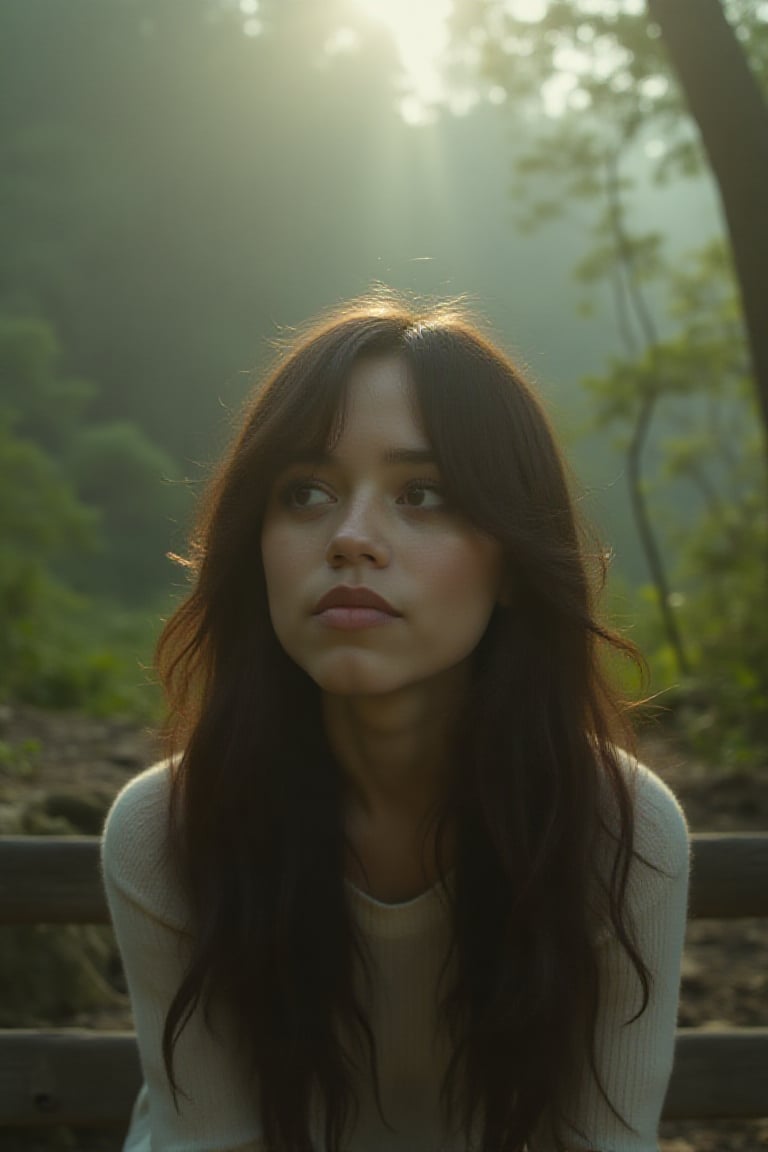 rlawldnjs, A KOREAN woman with long wavy brown hair sits on an old wooden bench in front of a misty, ancient forest backdrop, her face illuminated by soft morning sunlight that highlights deep green eyes filled with curiosity and serenity as she gazes off into the distance at the horizon beyond.