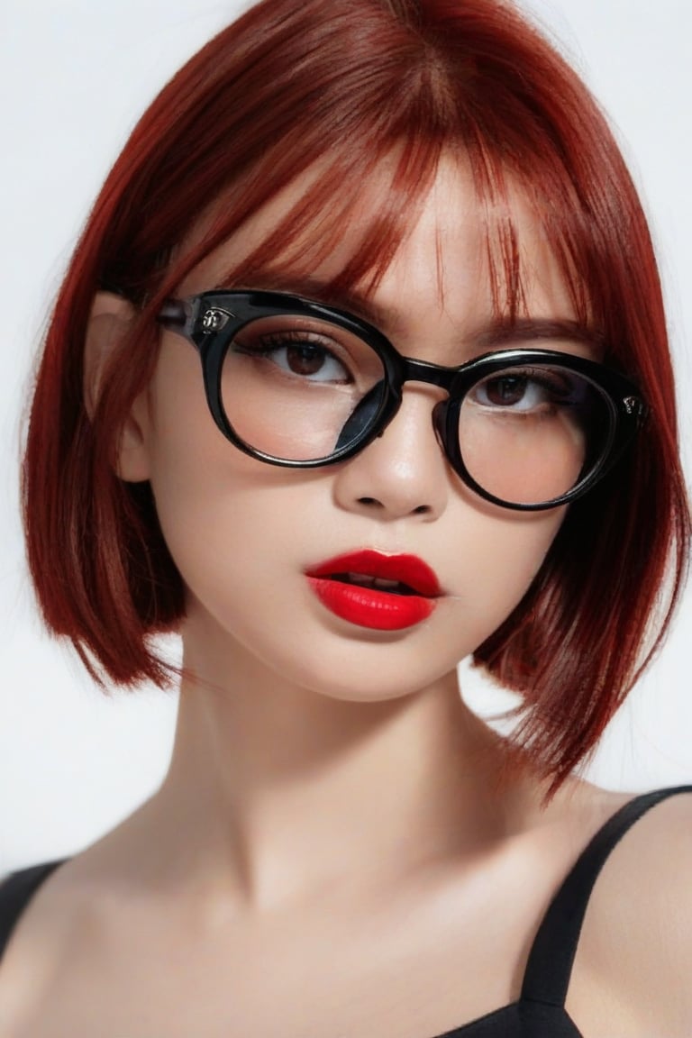 ((Masterpiece, best quality, ridiculous, (ridiculous resolution), high resolution, super detailed, high resolution, very nice 8KCG wallpaper)), shadows, deep red, wet lips, sexy face, realistic retina, straight hair, bob haircut, red hair, best face ever in Asia, wearing black square glasses