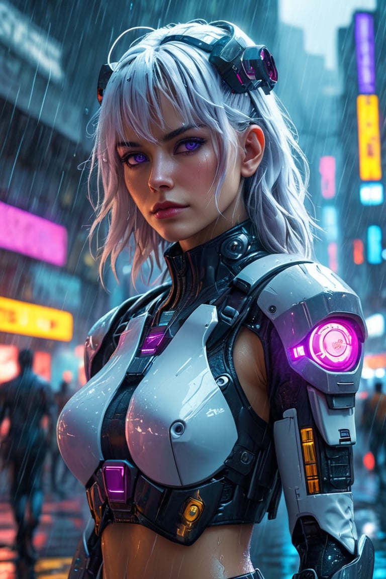 ((masterpiece, best quality;1.3)), ultra detailed, 8k unity wallpapers, CG, illustration, colorful, cinematic shadow, extremely detailed and beautiful background, wide-angle lens, ((solo, 1girl, mature female)), purple eyes, extremely detailed and beautiful face, extremely detailed and beautiful eyes, head gear, white hair, long hair, medium breasts, rain, cyberpunk city, cyberpunk armor, full body,