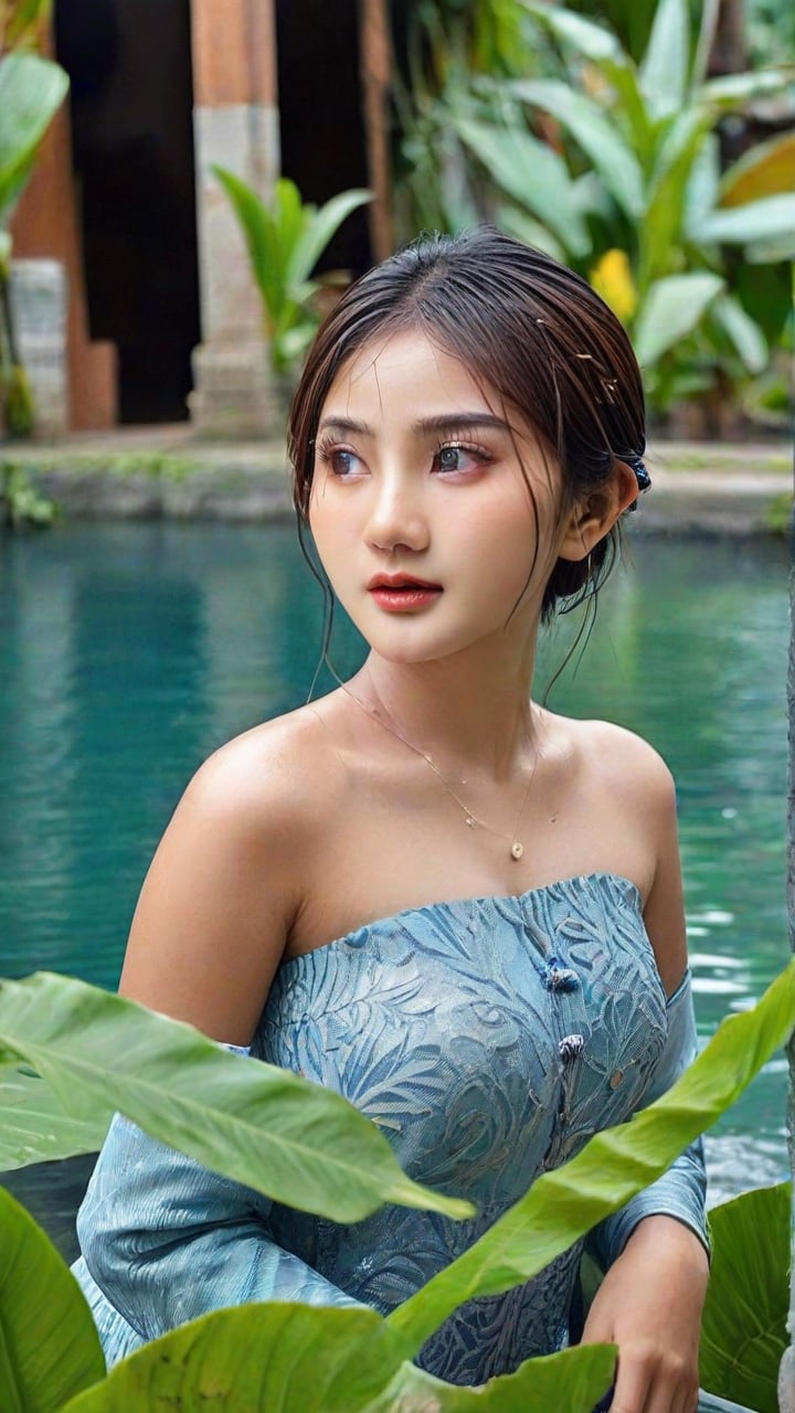 (Photorealistic, hyper_realistic, high_resolution, HD, best_quality, perfect_lighting, more sharpness, more contrast, highly_detailed, Award-winning cinematographer). In a serene traditional village on Central Java, Indonesia, a stunning 18-year-old asian girl with short bun hair and mesmerizing brown eyes gazes directly at the camera. Her wet lips subtly curve into a gentle smile as she wears an exquisite blue Javanese Kebaya. The soft glow of misty mountains and lush plants dissolves into the distance, creating a dreamlike atmosphere. Vibrant colors blend harmoniously, casting a surreal spell. (more_contrast, more_realistic, more_detailed), upper-body