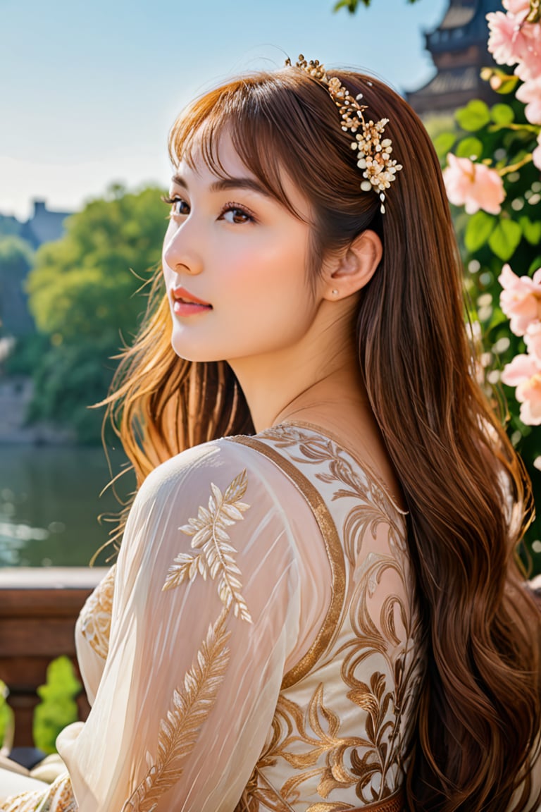 A majestic goddess blooms in a lavish palace setting. She sits serene,  her long chestnut hair framing her face with high...