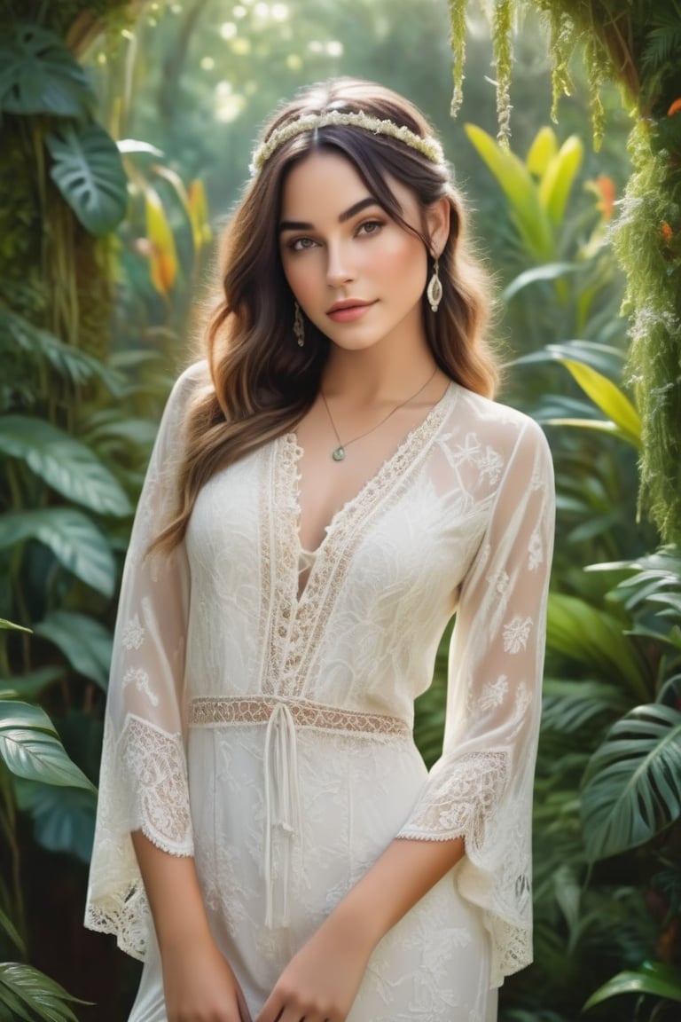 Young woman with a boho style, fingers interlaced with precision amidst a lush garden setting, photorealistic depiction, detailed foliage in the background, soft natural light filtering through treetops, intricate lace details on her clothing, vivid colors, ultra-realistic, natural light, highly detailed.