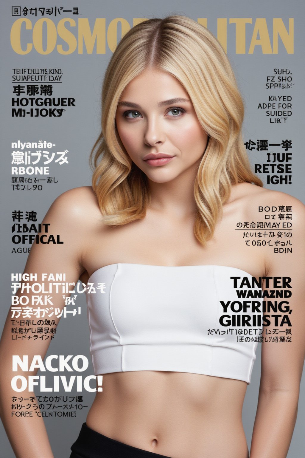 A high-fashion japanese magazine cover featuring a close-up, upper-body shot of a beautiful blonde female model with an enhanced bust size, confidently posing with elegance. Her sharp yet graceful facial features are highlighted, and she wears a stylish, modern outfit that accentuates her figure while maintaining a sophisticated and polished look. The background is a neutral gray with professional, magazine-quality lighting that enhances her photorealistic skin texture.

Across the cover, bold and stylish magazine text is displayed, including the title in elegant font: **"COSMOPOLITAN"** at the top. Other headlines include:
- **"ファッションフォワード：エレガンスの未来"**
- **"自信とスタイルの秘訣"**
- **"モデル・オブ・ザ・イヤー：魅力とパワーを受け入れる"**

The overall composition combines high-end fashion photography with captivating headlines that frame the model’s pose, drawing attention to her beauty and presence. The cover reflects sophistication, confidence, and modern fashion