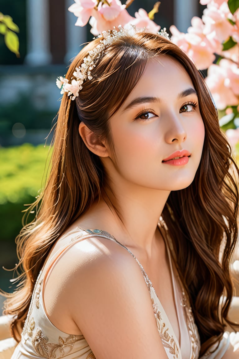 A majestic goddess blooms in a lavish palace setting. She sits serene,  her long chestnut hair framing her face with high...