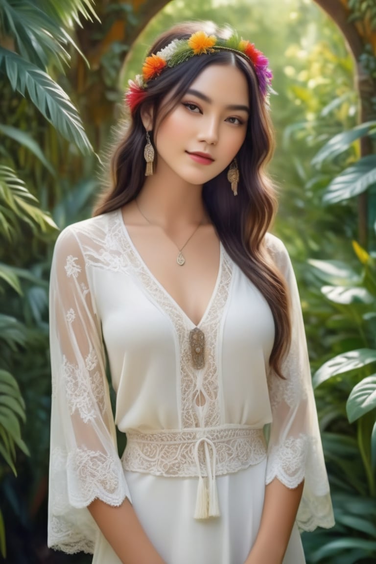 Young woman with a boho style, fingers interlaced with precision amidst a lush garden setting, photorealistic depiction, detailed foliage in the background, portrait, soft natural light filtering through treetops, intricate lace details on her clothing, vivid colors, ultra-realistic, natural light, highly detailed.