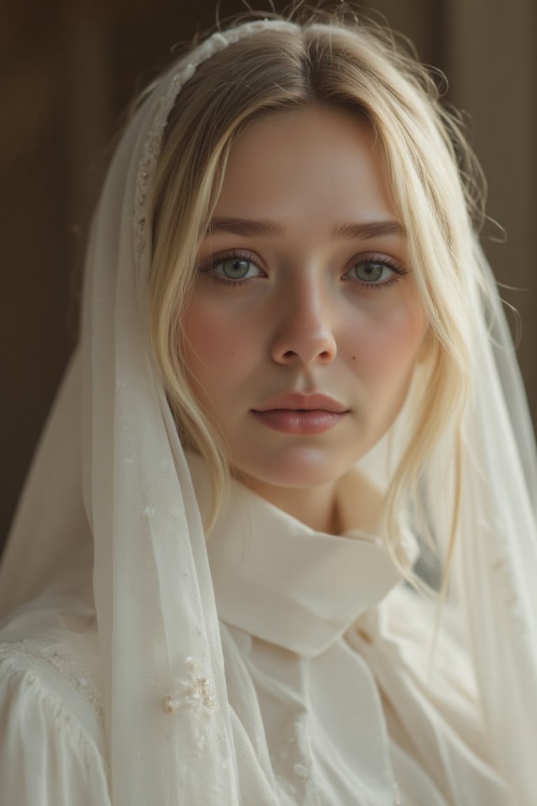 A Byzantine style girl in monastery, white head-cloths and veils. (masterpiece, top quality, best quality, official art, beautiful and aesthetic:1.2), (1girl:1.4), portrait, extreme detailed, highest detailed, simple background, 16k, high resolution, perfect dynamic composition, bokeh, (sharp focus:1.2), super wide angle, high angle, high color contrast, medium shot, depth of field, blurry background