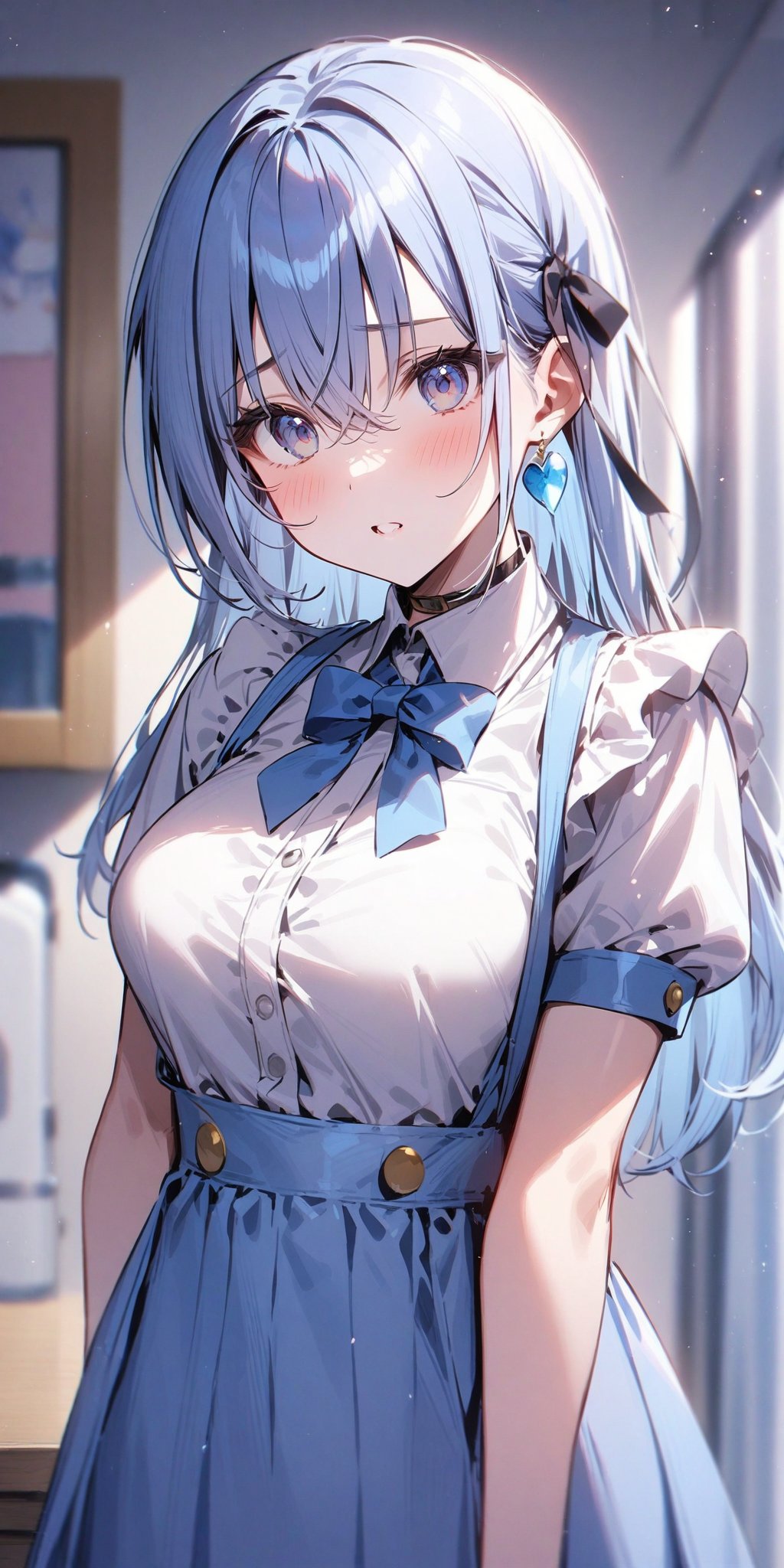 (master piece),(best quality),
h_suzuki,1girl, blue hair, long hair,
cowboy shot,blush,looking at viewer,
indoor,
high waist skirt, plaids blue_skirt, long_hair, apron, shirt, jewelry, bowtie, bow, looking_at_viewer, blue_bowtie, blue_bow, hair_ribbon, earrings, (white_shirt), ribbon, short_sleeves, blush, choker,
,Details