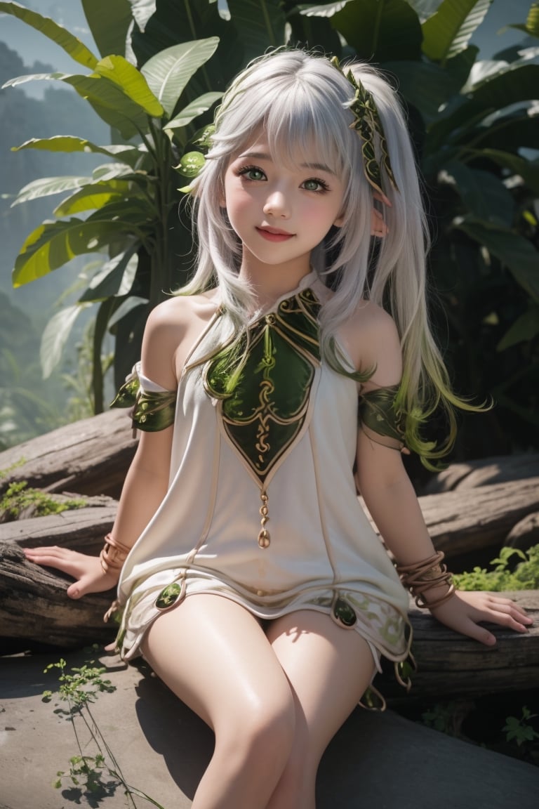 A professional photograph of gorgeous a girl, 10 yo, in japanese jungle making eye contact with the viewer in a knee up view, beautiful symmetrical face, cute natural makeup, sweet smile, upscale environment, ultra realistic, concept art, elegant, highly detailed, cinematic camera,  cinematic light, intricate, sharp focus, depth of field, f/1. 8, 85mm, (centered image composition), (professionally color graded), ((bright soft diffused light)),