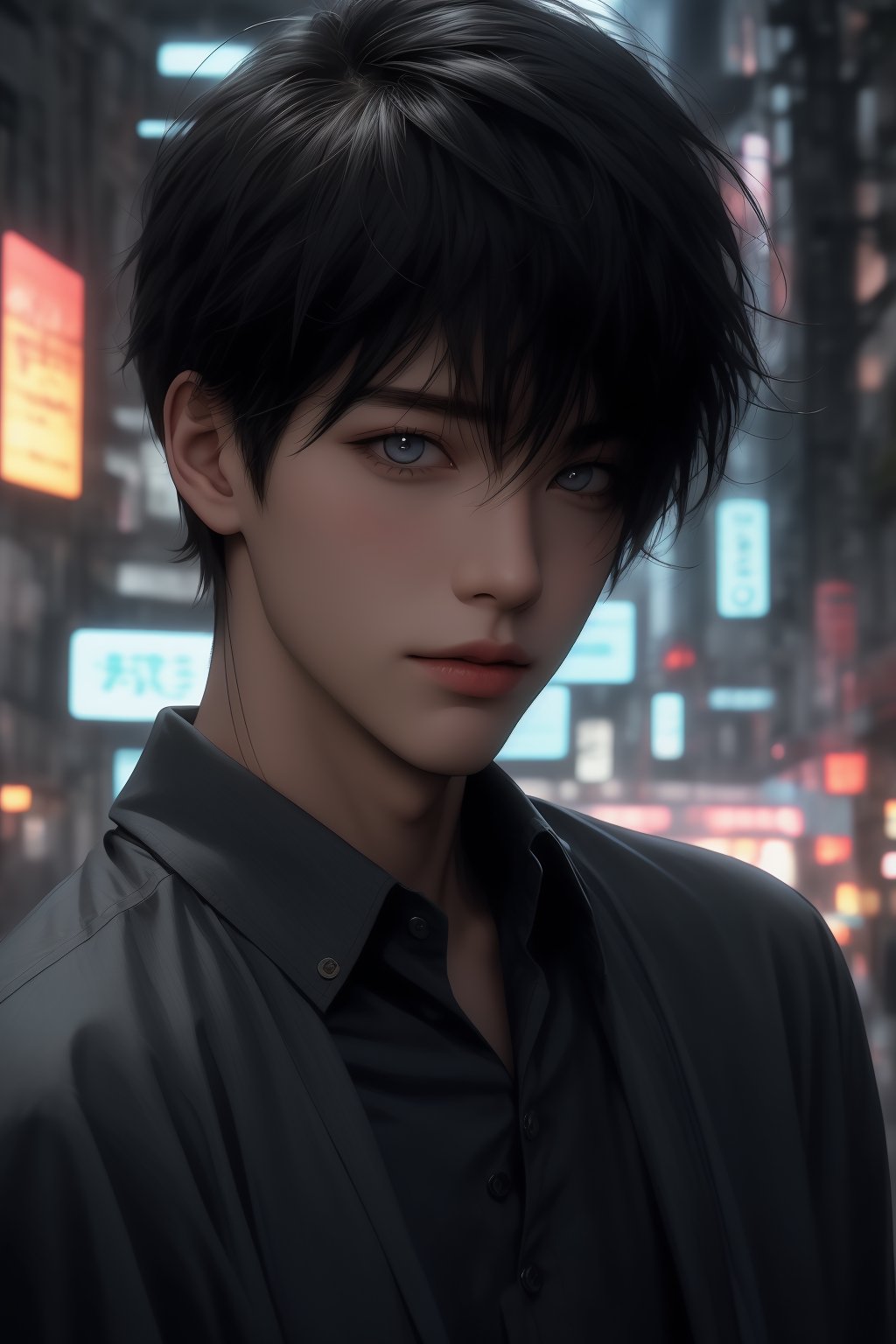 1boy, Upper body portrait, anime coloring, cinematic light, Neon Theme, jungle background, Best quality, masterpiece, Add more details, ,midjourney, semirealistic, SHIRT,Niji,