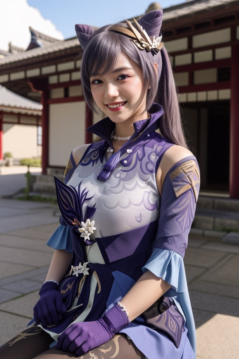 A professional photograph of gorgeous a girl in japanese castle making eye contact with the viewer in a knee up view, beautiful symmetrical face, cute natural makeup, sweet smile, upscale environment, ultra realistic, concept art, elegant, highly detailed, cinematic camera,  cinematic light, intricate, sharp focus, depth of field, f/1. 8, 85mm, (centered image composition), (professionally color graded), ((bright soft diffused light)),keqingdef