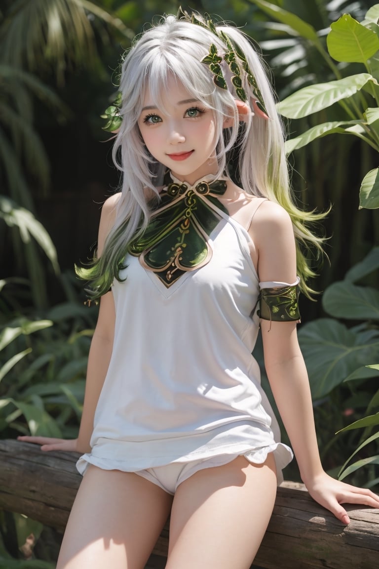 A professional photograph of gorgeous a girl, 10 yo, in japanese jungle making eye contact with the viewer in a knee up view, beautiful symmetrical face, cute natural makeup, sweet smile, upscale environment, ultra realistic, concept art, elegant, highly detailed, cinematic camera,  cinematic light, intricate, sharp focus, depth of field, f/1. 8, 85mm, (centered image composition), (professionally color graded), ((bright soft diffused light)),