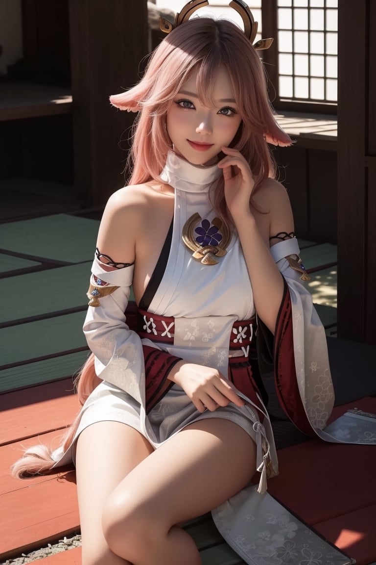 A professional photograph of gorgeous a girl in japanese castle making eye contact with the viewer in a knee up view, beautiful symmetrical face, cute natural makeup, sweet smile, upscale environment, ultra realistic, cinematic, concept art, elegant, highly detailed, intricate, sharp focus, depth of field, f/1. 8, 85mm, (centered image composition), (professionally color grading), ((bright soft diffused light)), yaemikodef