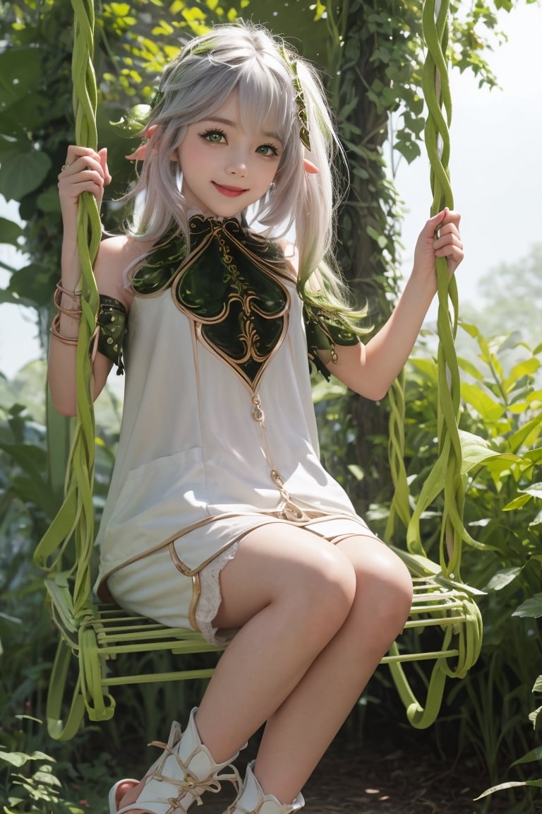 A professional photograph of gorgeous a girl, 10 yo,  play on the swing  in japanese jungle making eye contact with the viewer in a knee up view, beautiful symmetrical face, cute natural makeup, sweet smile, wink eye, upscale environment, ultra realistic, concept art, elegant, highly detailed, cinematic camera,  cinematic light, intricate, sharp focus, depth of field, f/1. 8, 85mm, (centered image composition), (professionally color graded), ((bright soft diffused light)),