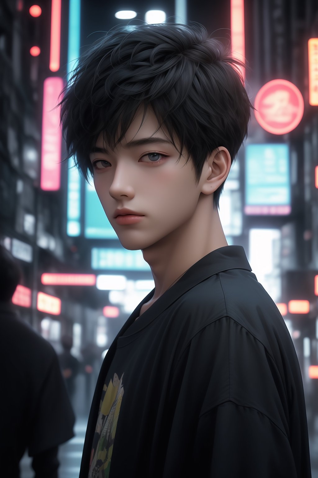 1boy, Upper body portrait, anime coloring, cinematic light, Neon Theme, jungle background, Best quality, masterpiece, Add more details, ,midjourney, semirealistic, SHIRT,Niji,perfect light