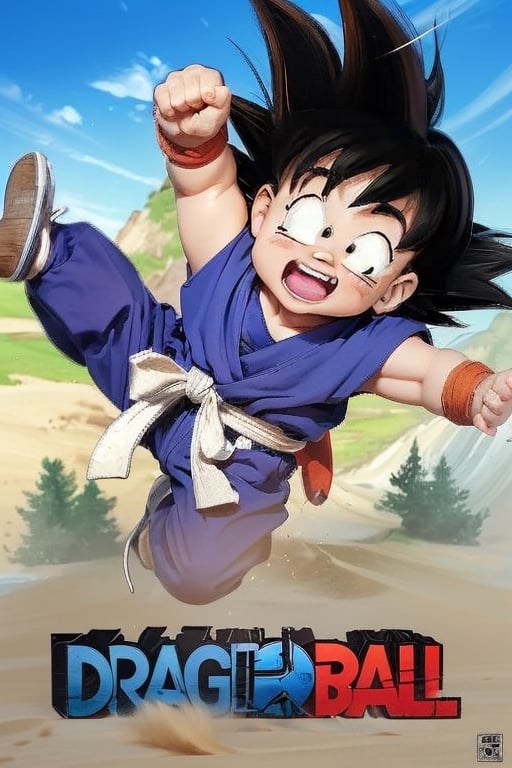 Little goku, Dragonball , Jump, purple cloth,  red wistband, stick back, white teeth, realistic, detail, accurate, Best Quality,  a high resolution ,intricate detailes ,masterpiece, Soft cinematic light, Hyper-detailing, perfect