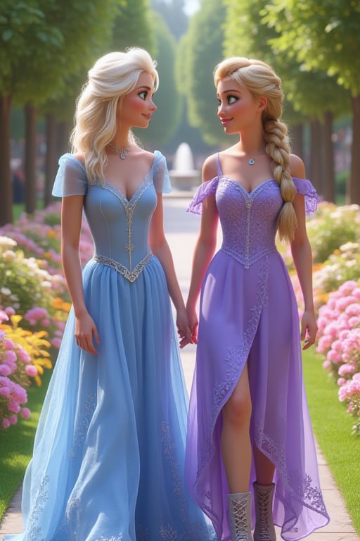 22-year-old woman, platinum blonde hair in loose waves, blue eyes, wearing a light blue gown with silver details with 21-year-old woman, golden blonde hair in a braid, green eyes, wearing a lilac dress with floral patterns and lace-up boots, Walking together, smiling, and talking as they stroll along a path, Bright park with colorful flowers, tall trees, and a fountain in the distance,masterpiece,best quality,official art, extremely detailed CG unity 8k wallpaper,absurdres,8k resolution,exquisite facial features,prefect face,Cinematic Lighting