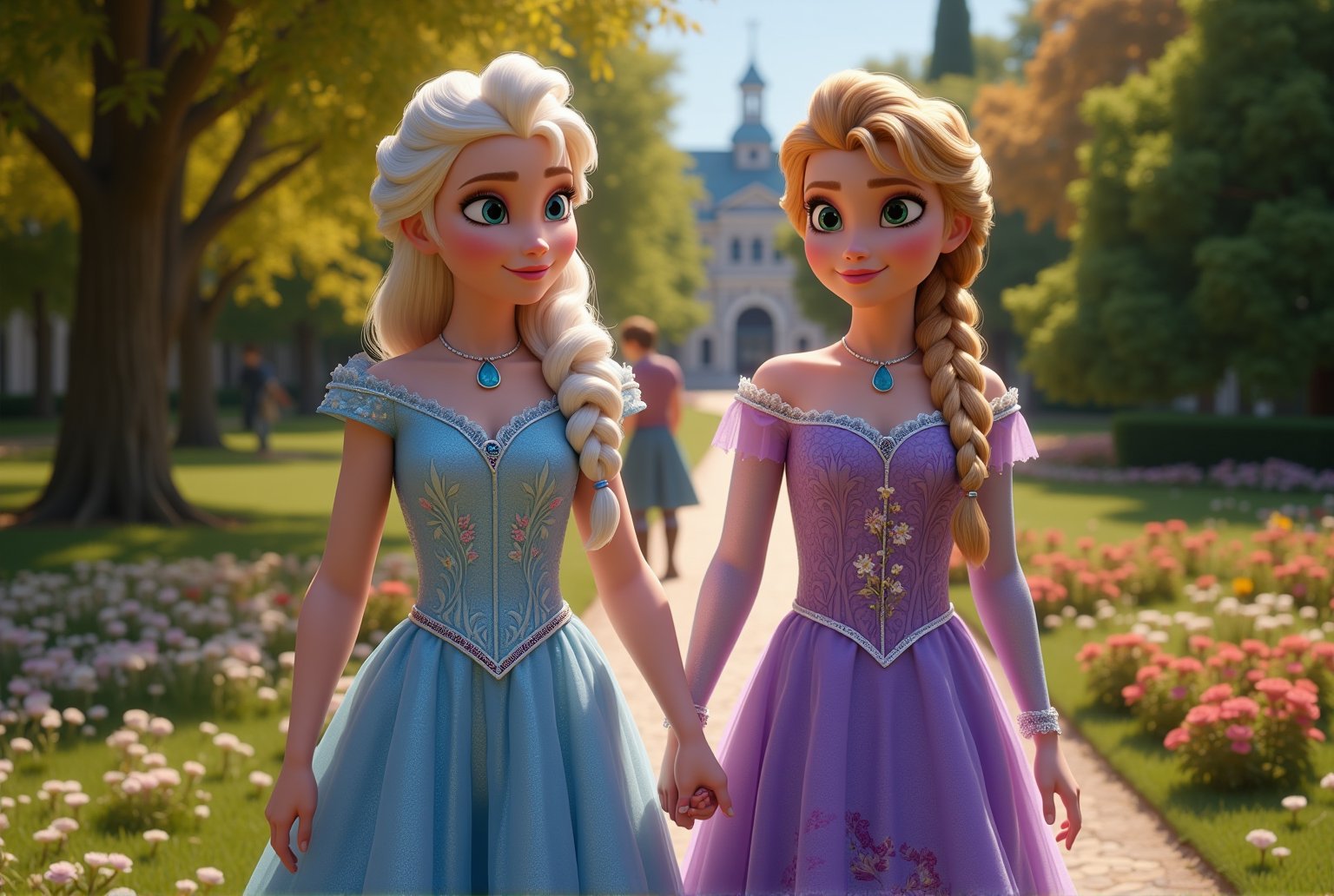 22-year-old woman, platinum blonde hair in loose waves, blue eyes, wearing a light blue gown with silver details with 21-year-old woman, golden blonde hair in a braid, green eyes, wearing a lilac dress with floral patterns and lace-up boots, Walking together, smiling, and talking as they stroll along a path, Bright park with colorful flowers, tall trees, and a fountain in the distance,masterpiece,best quality,official art, extremely detailed CG unity 8k wallpaper,absurdres,8k resolution,exquisite facial features,prefect face,Cinematic Lighting