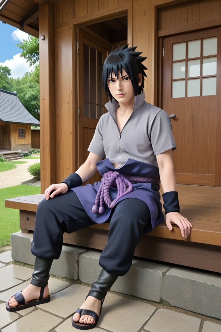 saskue sitting in hidden leaf village at hokage house, fine details, 8k,more detail XL,Sasuke Uchiha,black hair,spiky hair,black eyes,gray shirt with short sleeves,black arm guard,light purple belt,purple skirt,pants,sandals