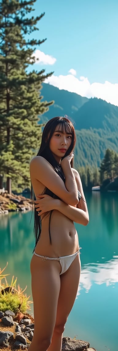 masterpiece, 1girl, solo, looking at viewer, ((18 years old)), ((asian)) , ((POV)), long hair, black hair, black eyes, lips, realistic, nose, A bashful asian girl with porcelain skin and deep crimson cheeks, her long black hair disheveled, ((hastily wraps her slender arms around herself, attempting to conceal her modesty)), Warm sunlight filters through tall pine trees, casting dappled shadows on her glistening skin as she stands at the edge of a serene mountain pool, its crystal waters reflecting the vibrant blue sky above. Soft, golden light with a slight warm glow emanates from the left, casting long shadows and illuminating the scene with a sense of tranquility, reminiscent of Terrence Malick's cinematography. A subtle film grain and muted color palette enhance the natural ambiance, while the gentle rustling of leaves and soft lapping of water against the shore create a soothing atmosphere.,1 girl,beauty
