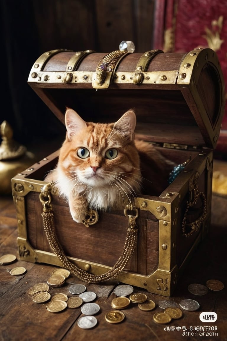 "A cat waiting inside a treasure chest, with only its face peeking out from the opening. The treasure chest is ornately decorated with gold and jewels, giving it an ancient and mysterious appearance. The cat has bright, curious eyes and a playful expression, its whiskers twitching slightly as it surveys its surroundings. The scene is set in a dimly lit room, with the chest placed on an old wooden floor, surrounded by scattered coins and a few pieces of antique jewelry, adding to the sense of hidden treasure and adventure.",cat