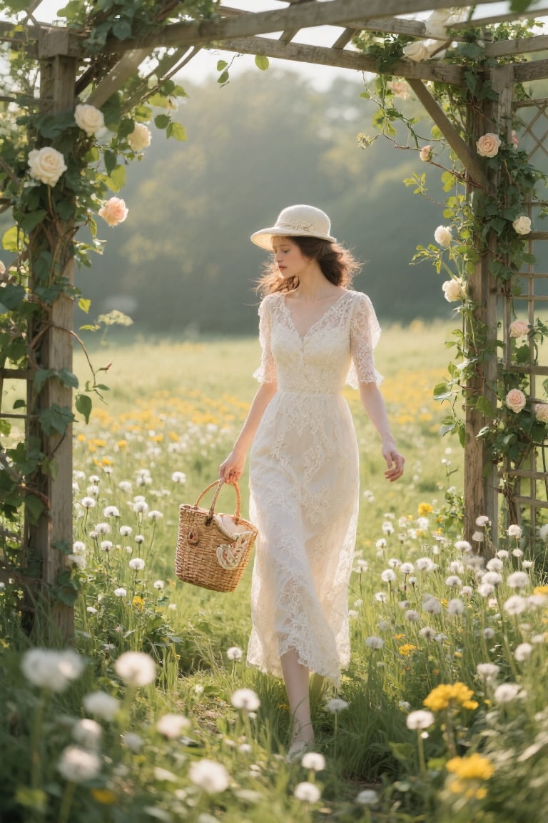 A soft-focus,  elegant portrait of a young woman walking through a field of dandelions,  framed by a trellis covered in cl...