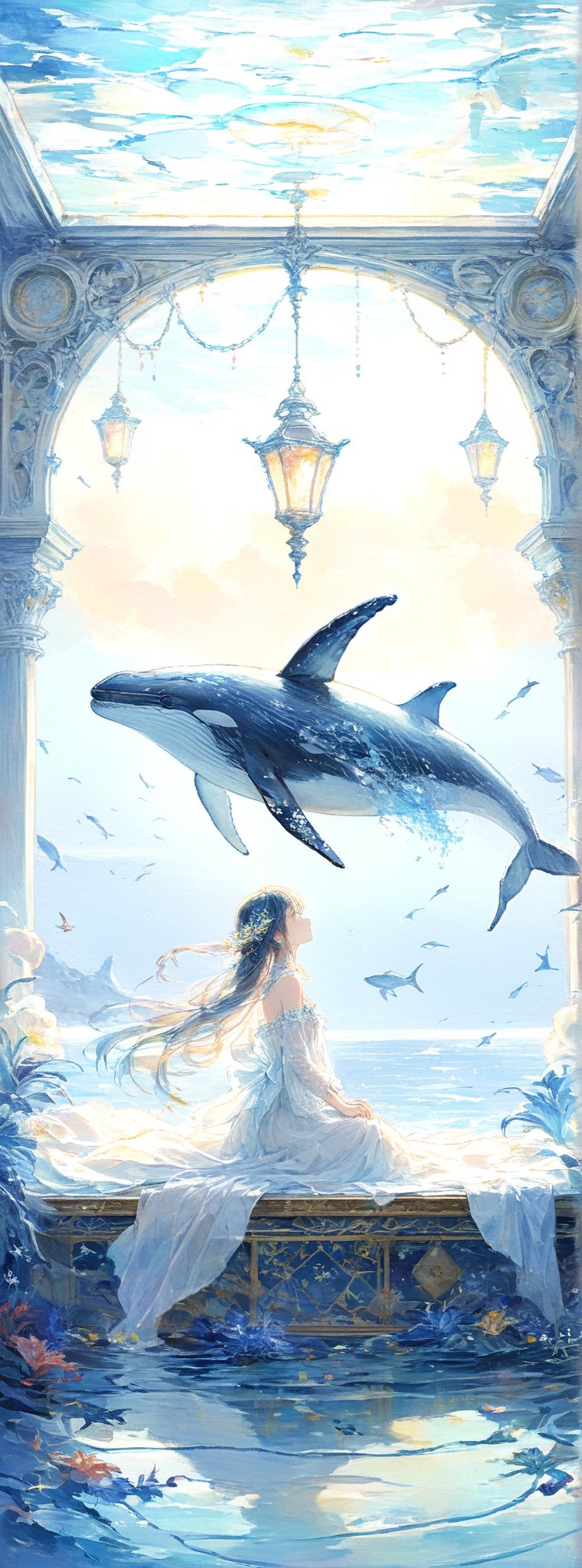 Title: "Whispers of the Celestial Sea"

Subtitle: "A Dreamer's Journey"

In the realm of fantastical artistry, a spellbinding tableau unfolds with the presence of a majestic flying humpback whale soaring gracefully through the skies above. The ethereal creature moves with a sense of serene majesty, its form a symphony of elegance against the canvas of the heavens. Below, a dreamy girl lies in peaceful slumber on a bed adorned with intricate patterns, her imagination taking flight alongside the celestial whale.

As the flying humpback whale glides effortlessly, it is accompanied by a vibrant school of tropical fish that dance in harmony, their scales shimmering like precious jewels in the sunlight. The underwater companions move with synchronized grace, their colors blending and shifting in a mesmerizing display of aquatic ballet. The dreamer, lost in her reverie, seems to share a connection with the creatures, her dreams intertwining with the whimsical scene unfolding around her.

A soft, enchanting light emanates from a mystical lamp nearby, casting a warm and gentle glow that bathes the room in a lullaby of radiance. The dreamer's face is serene, her features reflecting the tranquility of her slumber as she embarks on a journey through the realms of imagination. The combination of the dreamer's innocence and the dynamic movement of the celestial whale and tropical fish creates a harmonious blend of peace and wonder, inviting the viewer to join in the dreamer's mystical voyage.

The fantastical setting, with its flying humpback whale, tropical companions, dreamy girl, and illuminated lamp, forms a tapestry of fantasy and reality woven together in a delicate dance. The juxtaposition of the dreamer's innocence with the majestic presence of the celestial creatures creates a sense of magic and awe, drawing the viewer into a world where dreams take flight and the boundaries between the ordinary and the extraordinary blur.

Authored by kyo8sai, this magnificent creation stands as a testament to the artist's creative prowess and was brought to life on 2024-09-18.The painting is signed 'kyo8sai' on the edge.

In this enchanting tale of the celestial sea's whispers, the dreamer's journey with the flying humpback whale and tropical fish unfolds like a lyrical fantasy, weaving a narrative of sweetness and happiness that captivates the heart and imagination of all who gaze upon this mesmerizing creation.

Framed within an ornate, lacquerwork box adorned with intricate floral patterns she  seem to be one with the artistry. 
