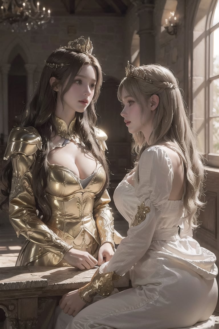 2 princesses talking, inside a castle with golden details, perfect bodies, very detailed image, light contour, mix of fantasy and realism, hdr, ultra hd, 4k, 8k
