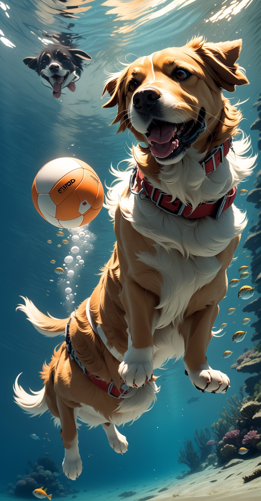 underwater, gopro, epic action shot from below, a golden retriever diving in the sea to fetch a red ball