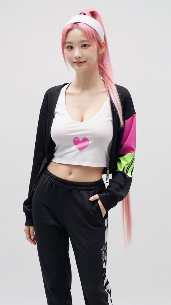 realisitc, (simple white background), 1 Korean girl, slight smile, full body, large pelvis, big breasts, narrow waist, healthy thighs, height 170cm, 21 yo, solo, navel, cleavage, medium breasts, midriff, perfect hands, perfect fingers, long hair, long sleeves, standing, ponytail, pink hair, shoes, (Black:1.0) shirt, headband, (Black:1.0) pants, (Black:1.0) shirt (white:1.0) taxt " I love you " print, (White:1.0) footwear, sneakers, multicolored hair
