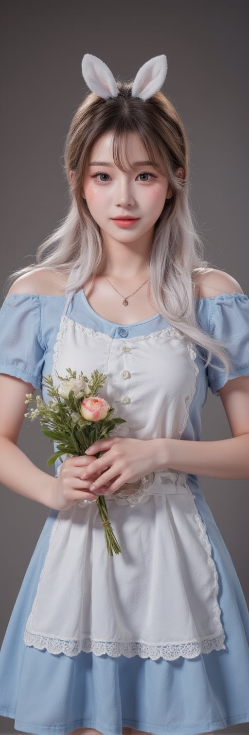 (8K UHD), 1girl, Alice in Wonderland Cosplayer, Cute Young Girl, Random Color eyes, 21 years old, Jailbeit girl, Beautiful face, She is holding a stuffed rabbit with floppy ears in her hand, look at viewer, Never ending flower (dynamic angle, dynamic pose)