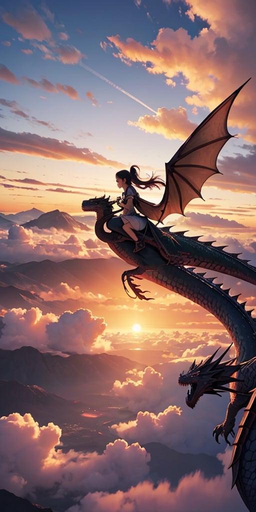 

1 DRAGONGIRL,Dragon Wings, long hair, brown hair, a flying dragon, sunset, FANTASY ,cloudscape,nodf_lora,Astraa_BV

