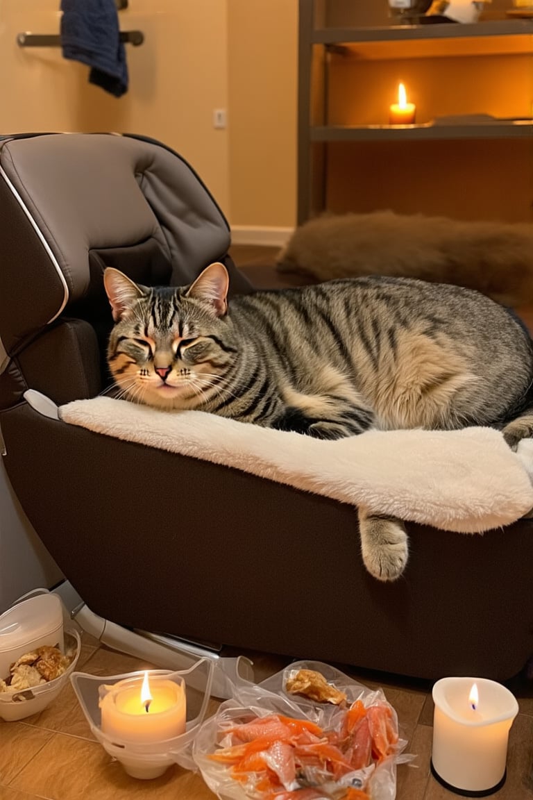 A Maine cat lay on a luxurious massage chair, eyes half-closed, looking completely relaxed, as if enjoying a moment of ultimate relaxation. The corners of his mouth were slightly upturned, showing a look of contentment and pleasure. The massage chair should look very comfortable and luxurious. Some massage tools and snacks, such as dried fish or small treats that cats love to eat, should be neatly placed next to the massage chair to create a cozy atmosphere. The scene should have a spa-like atmosphere with soft lighting, a cozy environment and warm decorations. The background can include scented candles, soft floor cushions, towel racks, etc.
