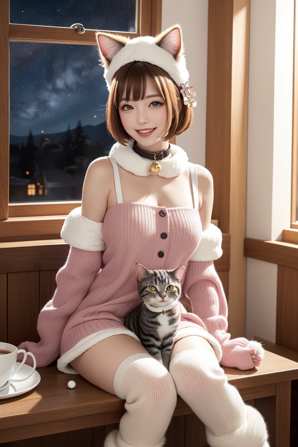 (masterpiece, high resolution, digital art:1.3), (playful and charming cat girl:1.2), (short, tousled hair with hints of ginger and white:1.2), (large, expressive cat-like eyes:1.1), dressed in a cute and comfortable cat-themed outfit, (a mix of purples and pinks:1.1), (pointed cat ears perched on her head:1.2), (a playful tail wagging behind her:1.1), (wearing a collar with a bell:1.2), (soft, paw-like gloves and boots:1.1), sitting in a cozy corner of a whimsical café, (surrounded by cat-themed decorations:1.2), (a window with a view of a starry night:1.1), (warm lighting casting a soft glow:1.2), a joyful and inviting demeanor, (playing with a ball of yarn:1.1), vibrant and warm colors, an atmosphere of comfort and playfulness, looking towards the viewer with a cheerful smile, ultra high res, detailed textures in the outfit, café, and cat-themed elements, embodying the spirit of a mischievous and lovable cat.