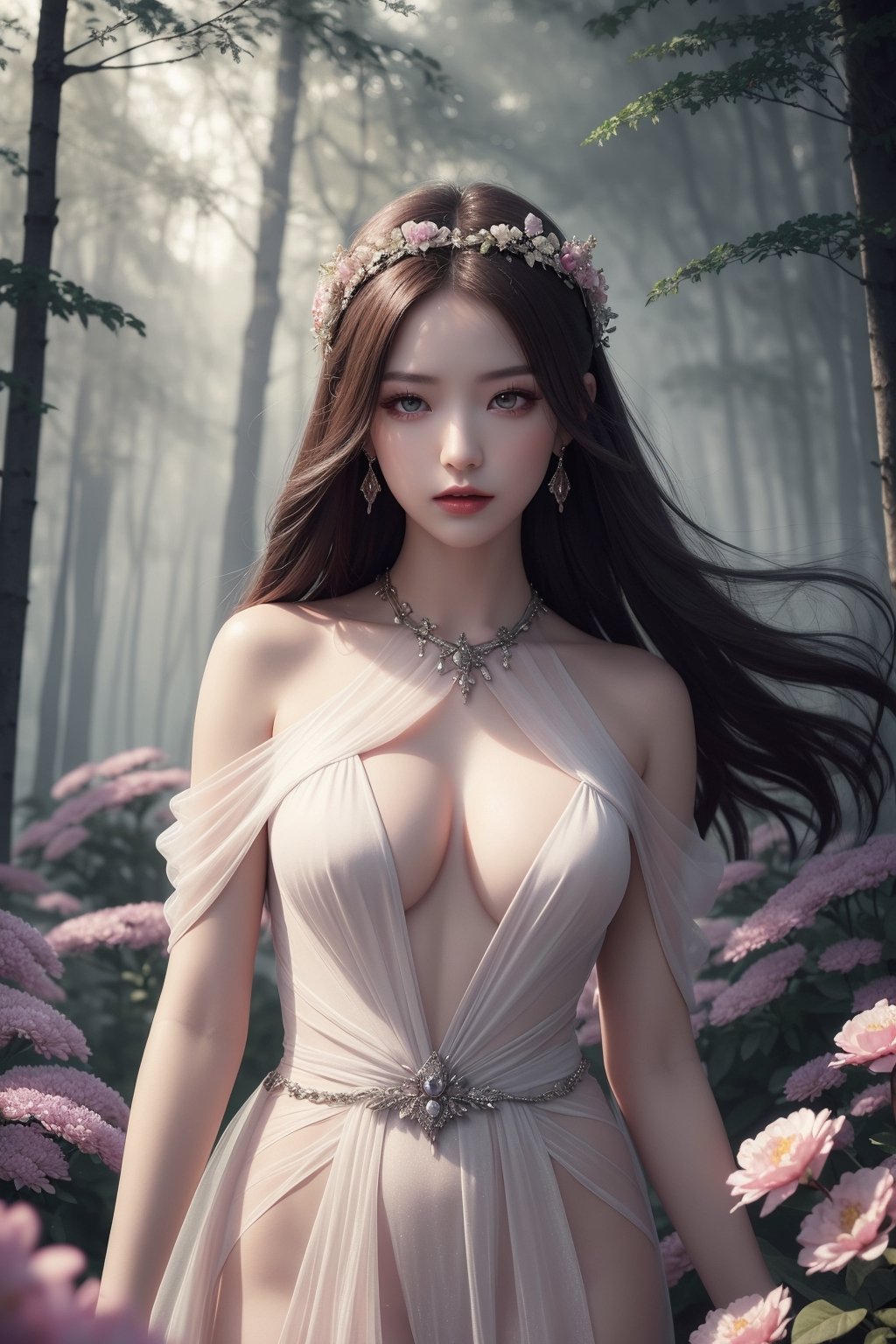 (masterpiece, high resolution, digital art:1.3), (a female snake demon:1.2), (exuding a mysterious and seductive aura:1.1), (long, slender body with scales:1.2), (a human-like face with piercing eyes:1.1), (wearing a diaphanous, ethereal gown:1.2), (floating in a misty, enchanted forest:1.1), (surrounded by glowing flowers and ancient trees:1.2), (expression of allure and cunning:1.2), (soft, ambient light creating a mystical atmosphere:1.1), vibrant, cool and mystical colors, detailed textures on the gown and the environment, enchanting and seductive ambiance.